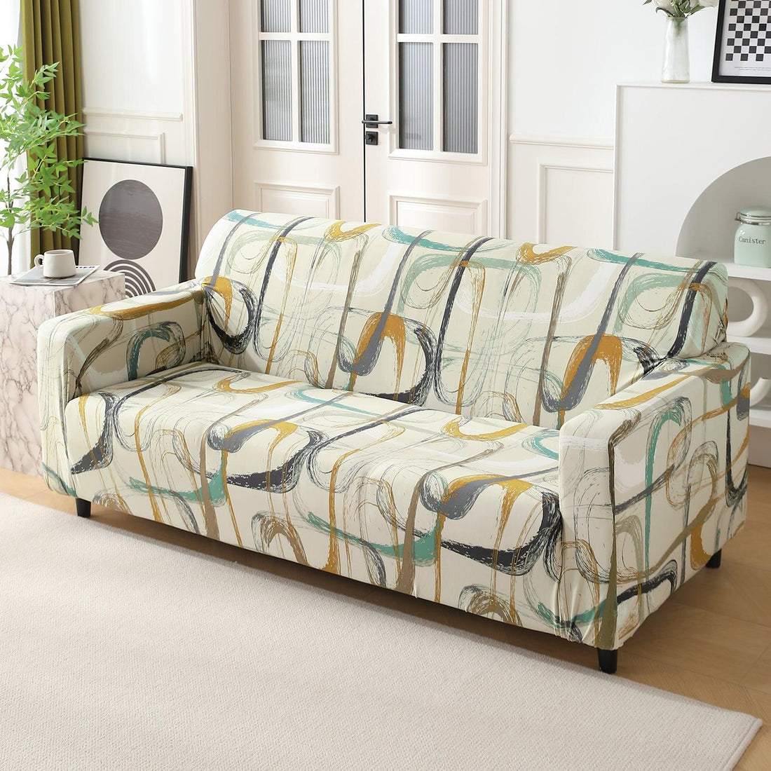 Parchement Beige Abstract Art elastic 3 seater sofa cover​s