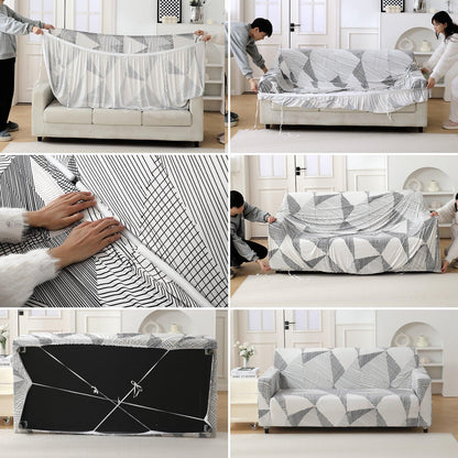 Elastic Stretchable Printed 140gsm Fully Covered Sofa Cover, Snow White Black Geometry - HOKIPO | Har Ghar ka Humsafar