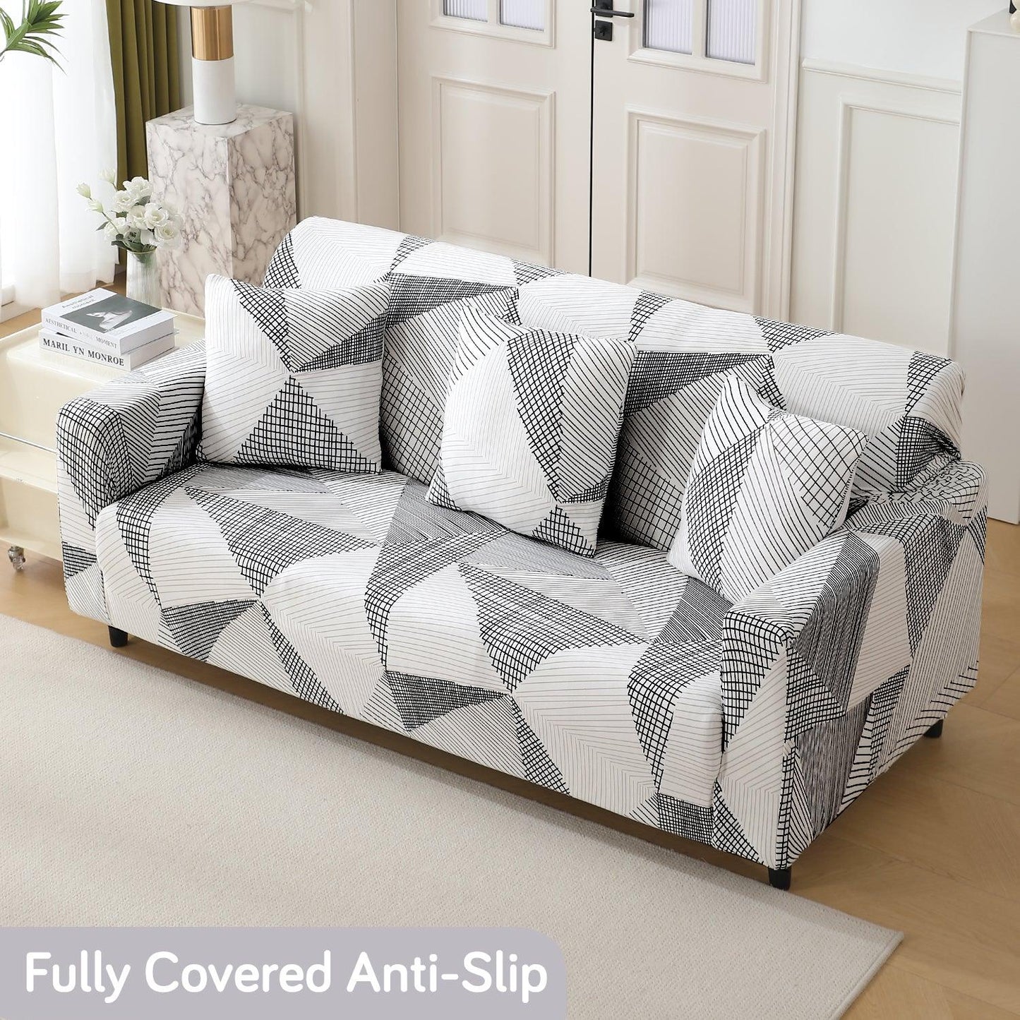 Elastic Stretchable Printed 140gsm Fully Covered Sofa Cover, Snow White Black Geometry - HOKIPO | Har Ghar ka Humsafar