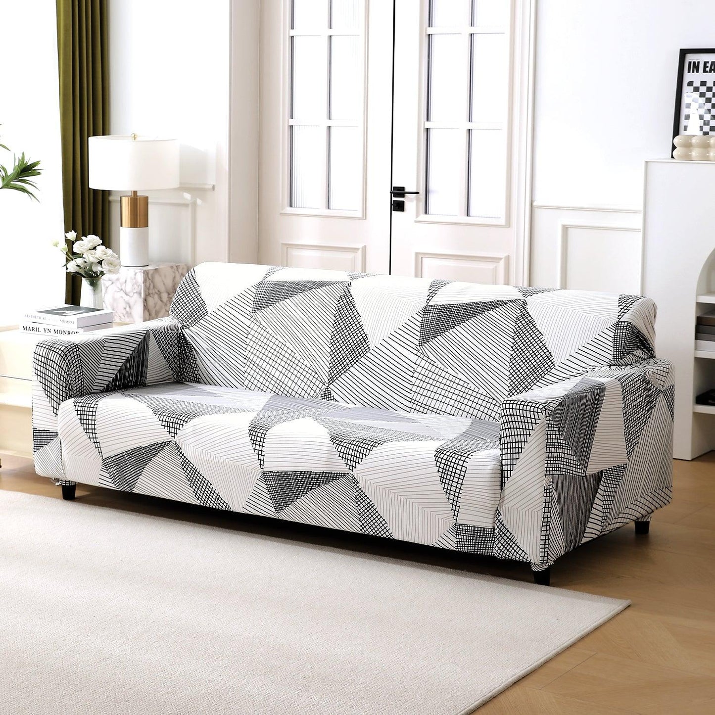 Elastic Stretchable Printed 140gsm Fully Covered Sofa Cover, Snow White Black Geometry - HOKIPO | Har Ghar ka Humsafar