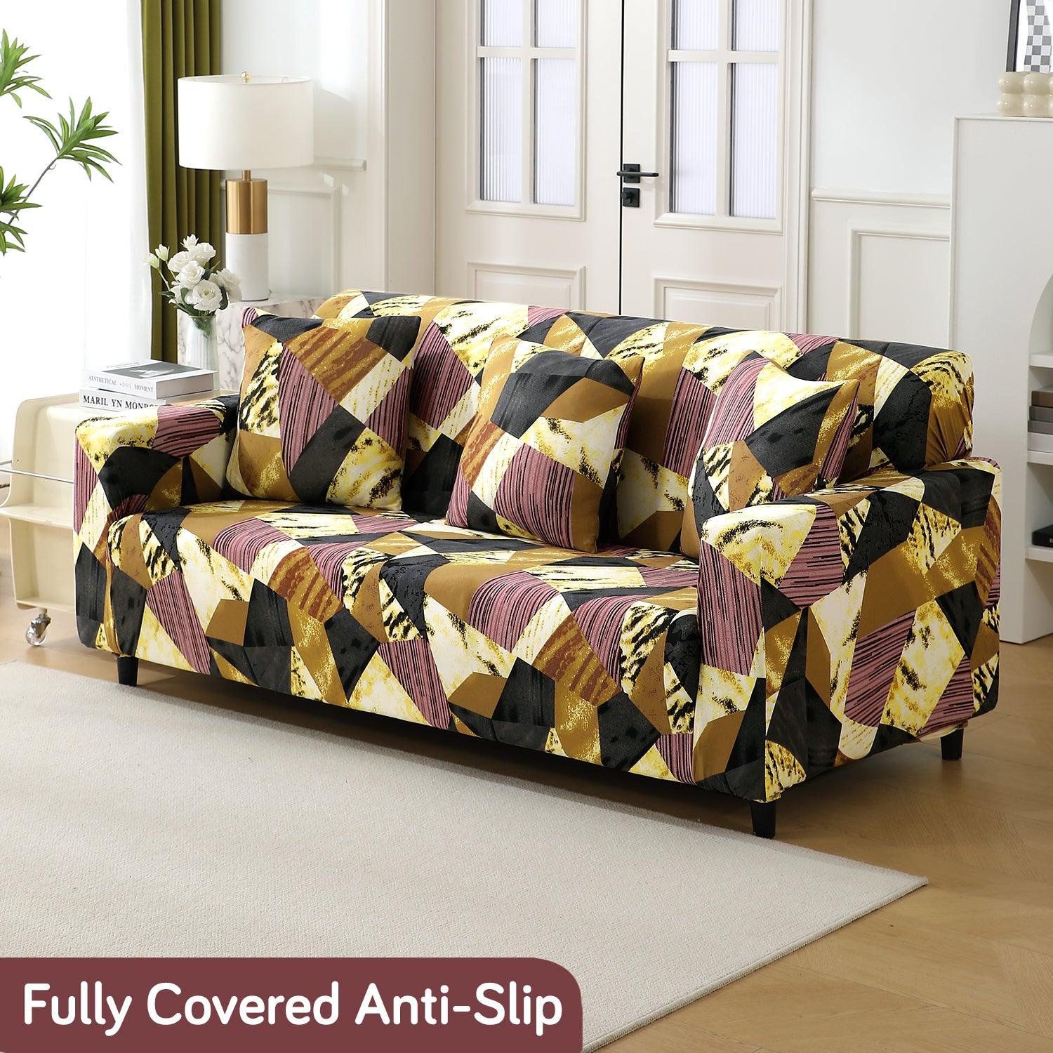 Elastic Stretchable Printed 140gsm Fully Covered Sofa Cover, Wine Abstract Geometry - HOKIPO | Har Ghar ka Humsafar