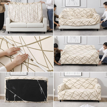 Step-by-step guide on How to put on Beige Abstarct Lines printed elastic sofa cover