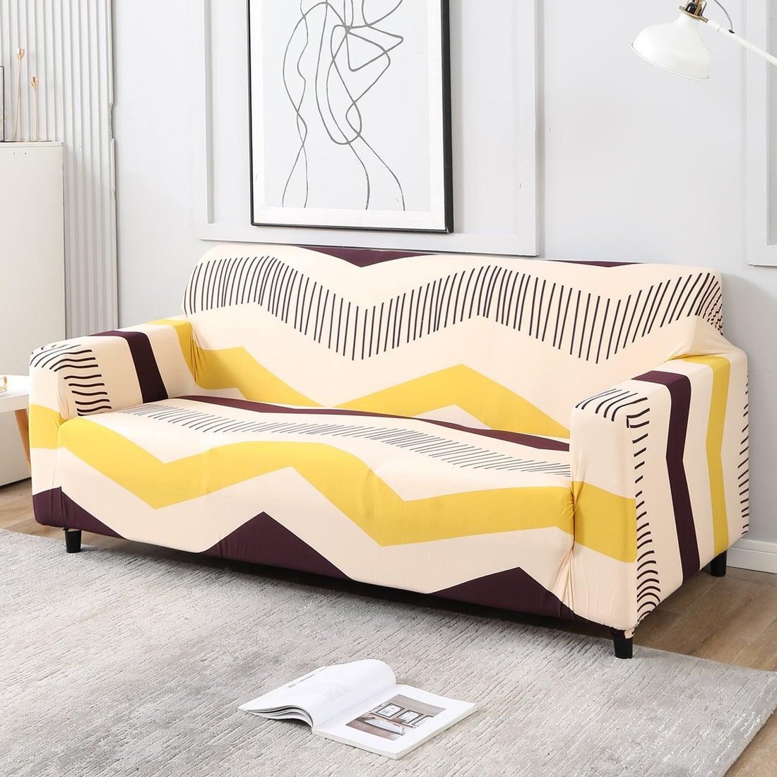 Beige Brown Chevron Print elastic 3 seater sofa cover​s