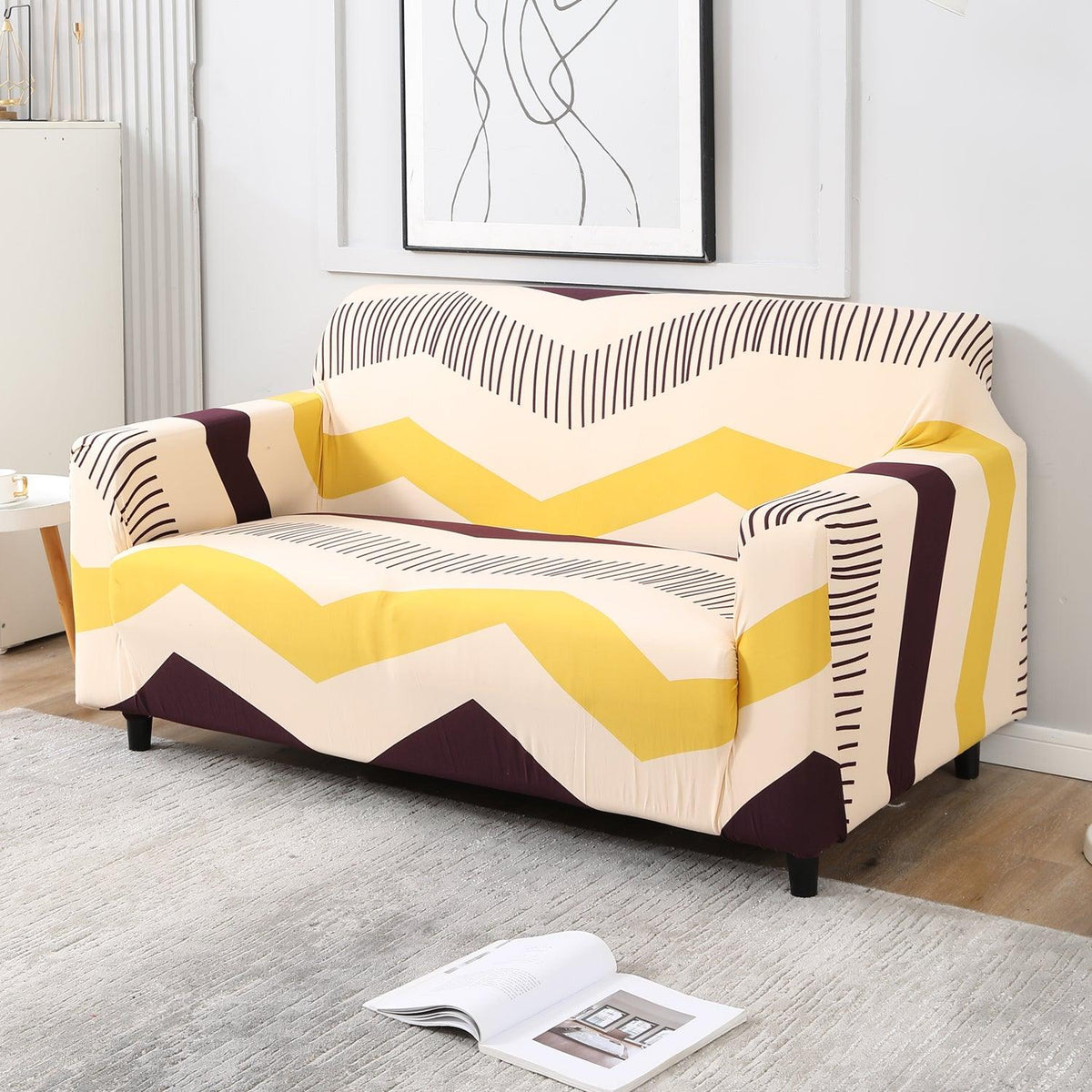Beige Brown Chevron Print non slip elastic 2 seater sofa cover