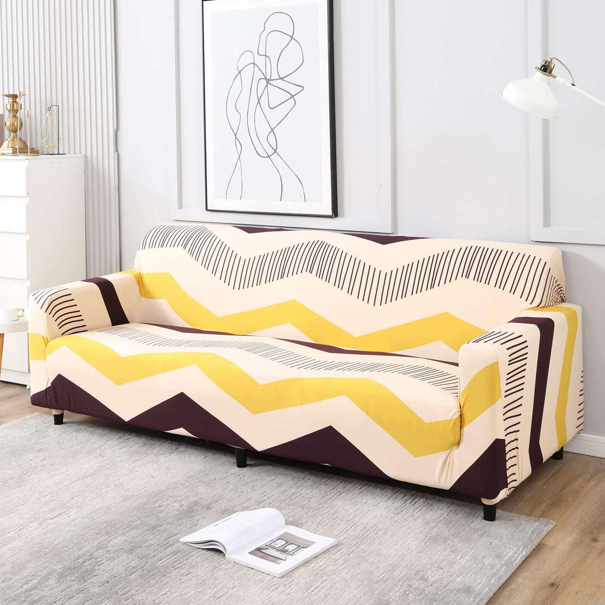 Beige Brown Chevron Print, non slip, elastic 4 seater sofa cover​s