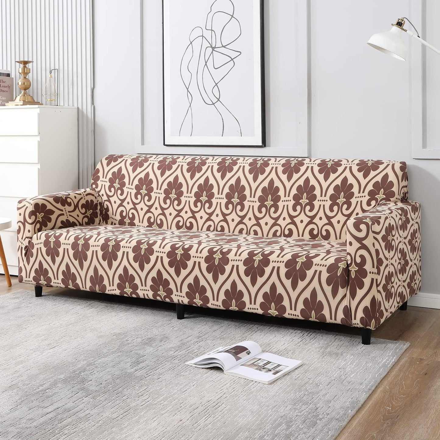 Elastic Stretchable Printed Sofa Cover, Beige Damask - HOKIPO | Har Ghar ka Humsafar