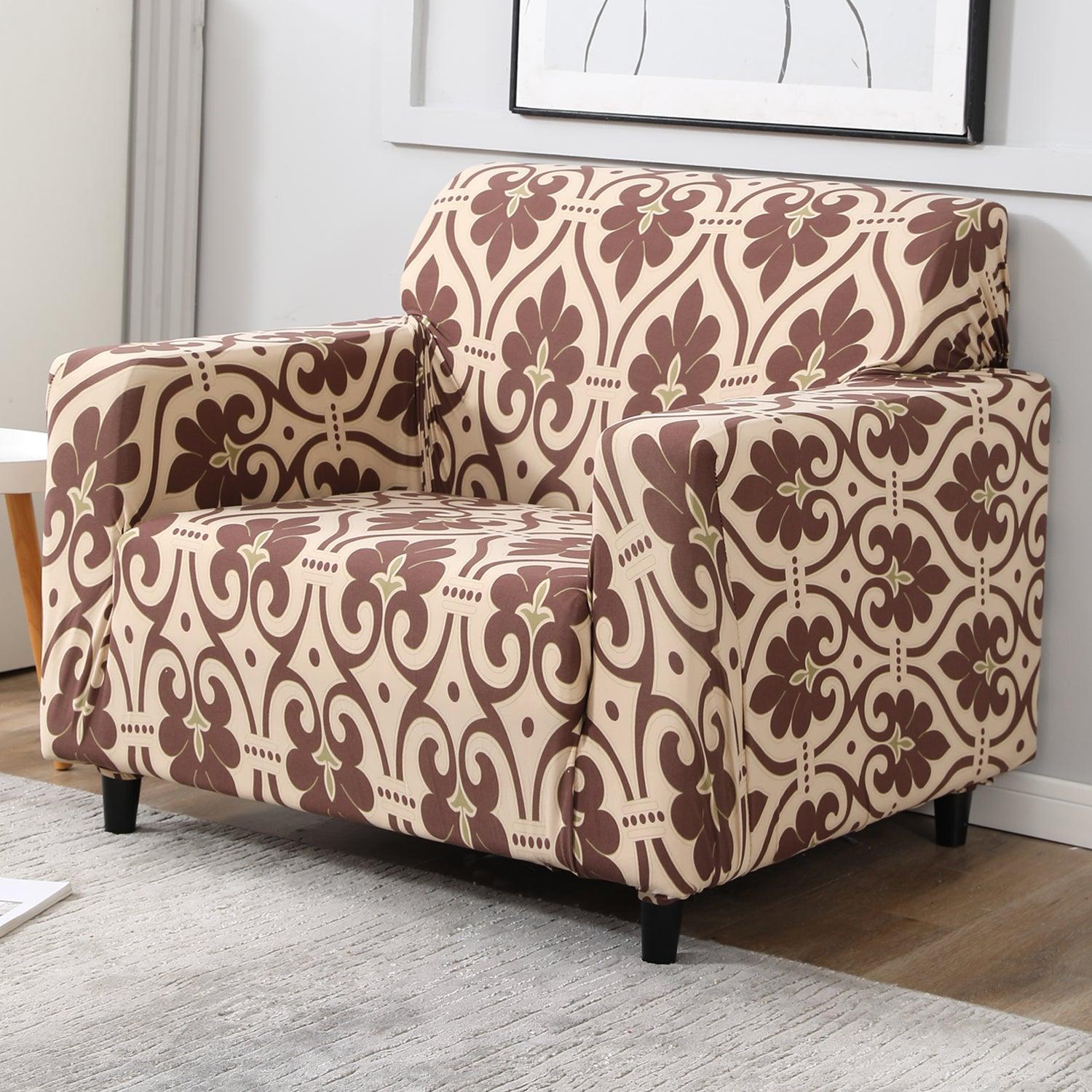 Elastic Stretchable Printed Sofa Cover, Beige Damask - HOKIPO | Har Ghar ka Humsafar