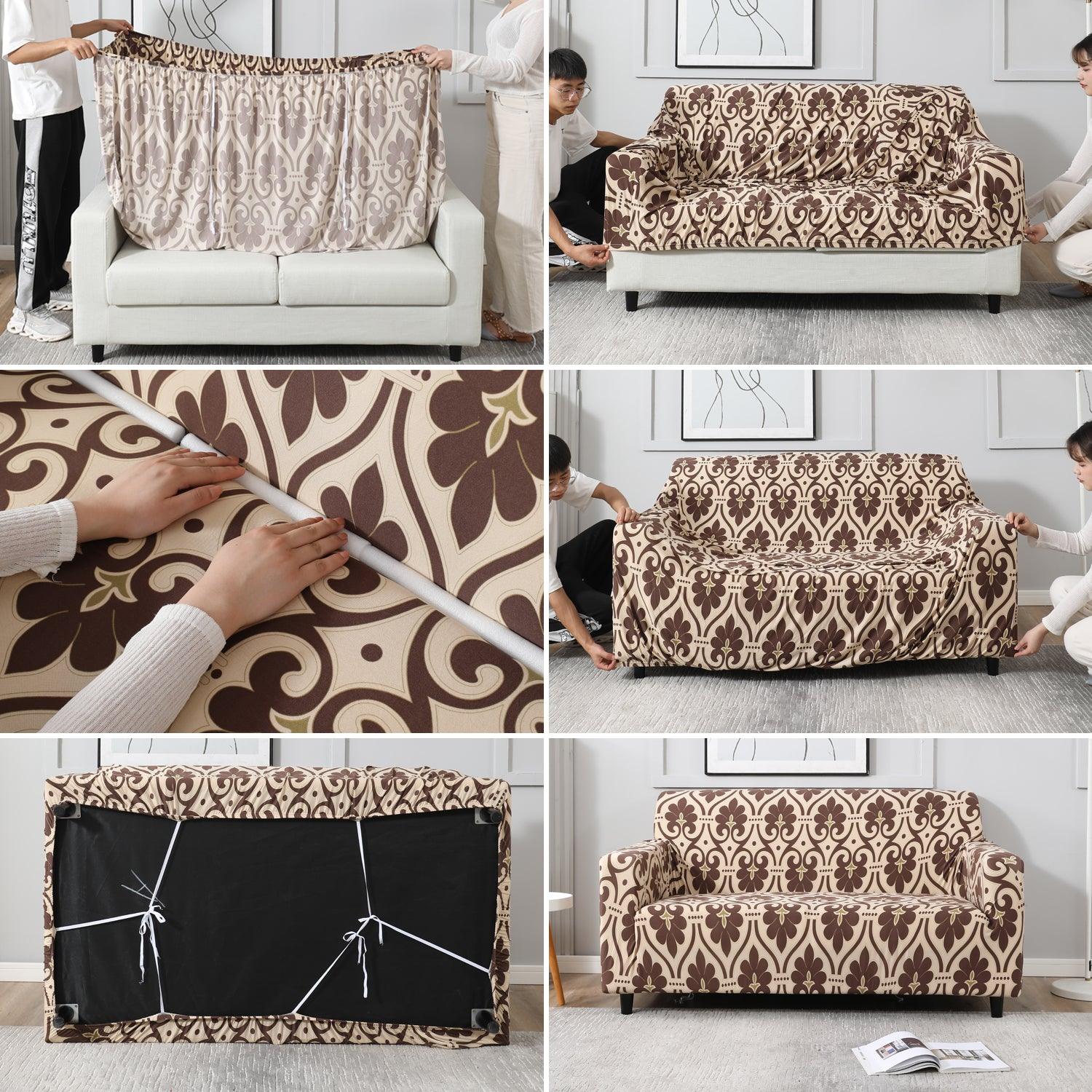 Elastic Stretchable Printed Sofa Cover, Beige Damask - HOKIPO | Har Ghar ka Humsafar