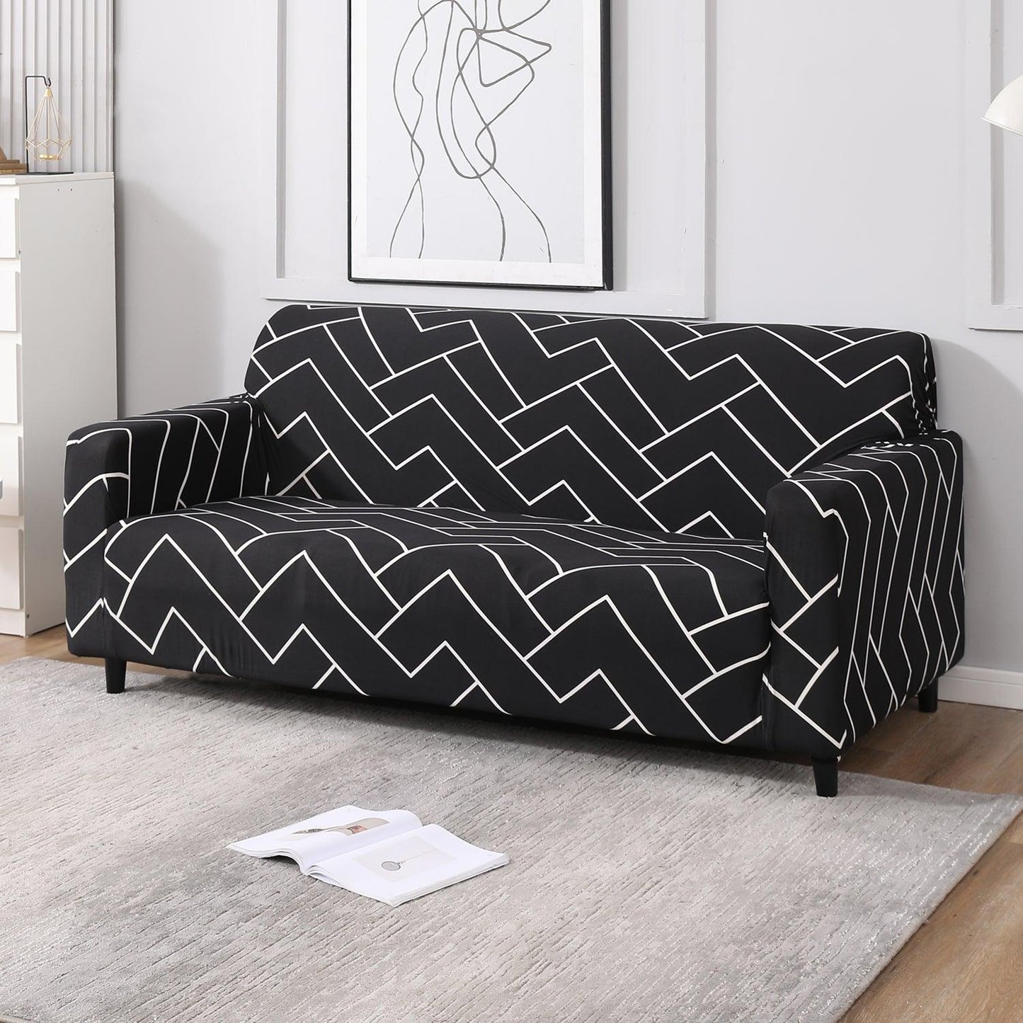 Elastic Stretchable Printed Sofa Cover, Black Chevron - HOKIPO | Har Ghar ka Humsafar