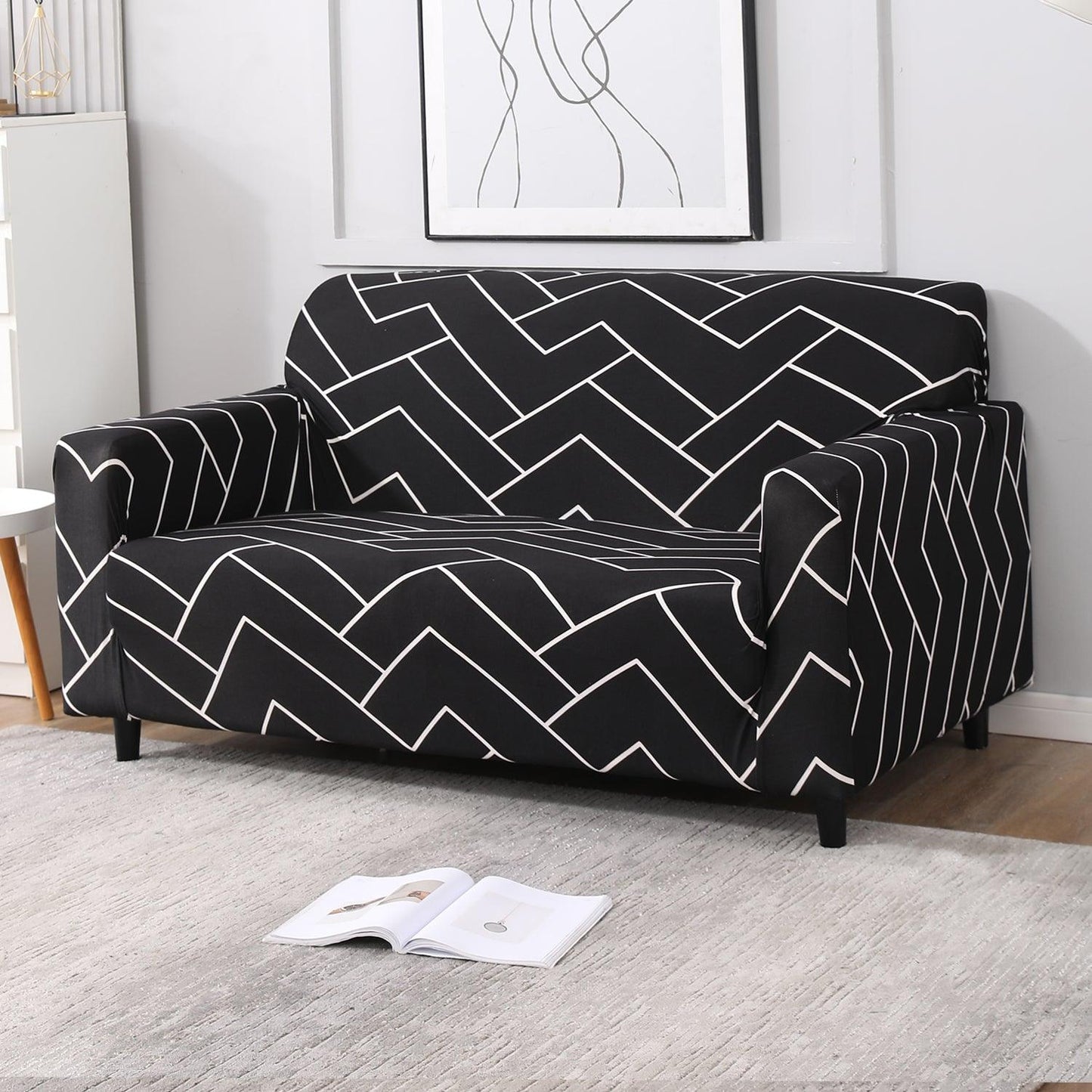 Elastic Stretchable Printed Sofa Cover, Black Chevron - HOKIPO | Har Ghar ka Humsafar