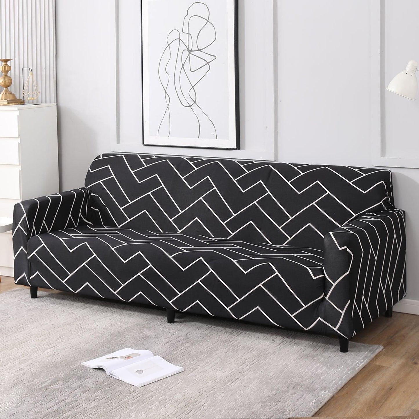 Elastic Stretchable Printed Sofa Cover, Black Chevron - HOKIPO | Har Ghar ka Humsafar