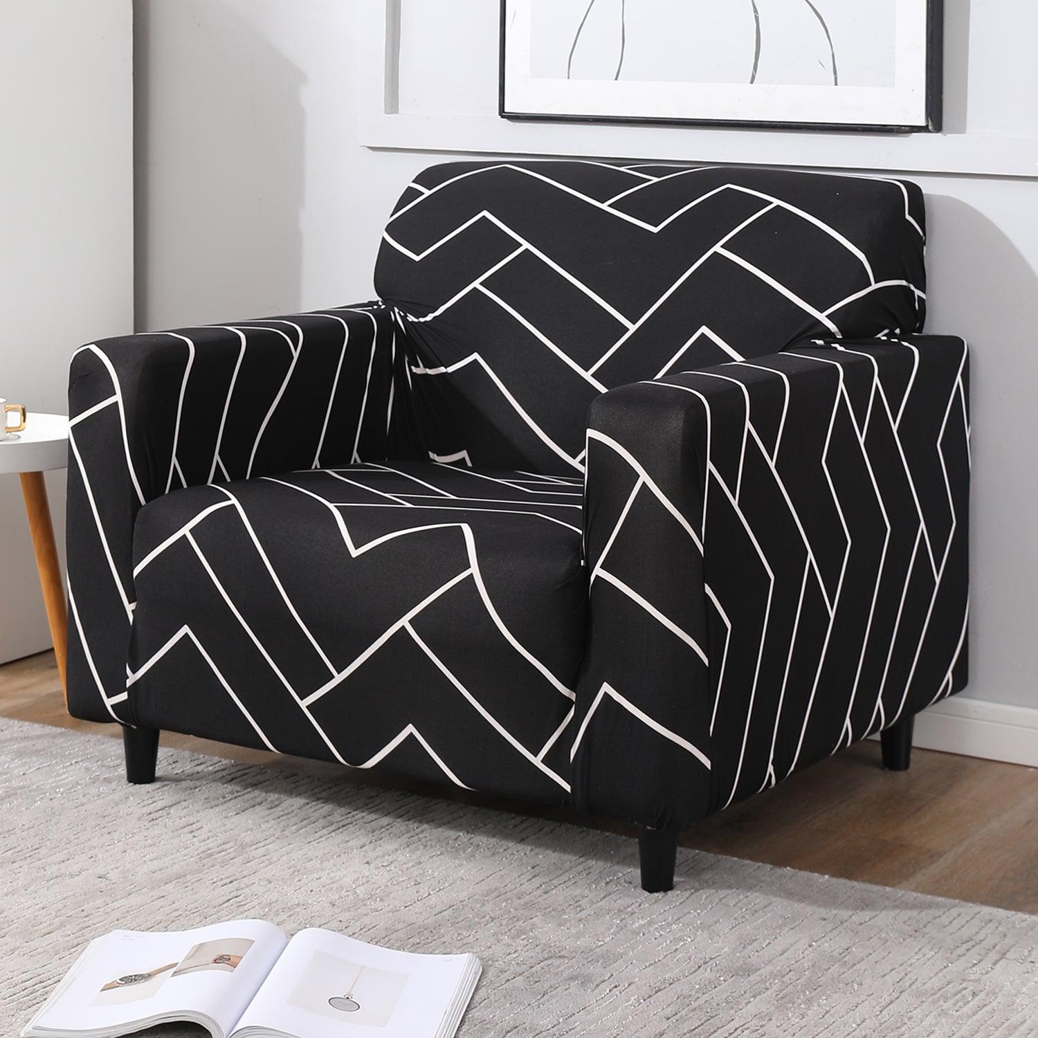 Elastic Stretchable Printed Sofa Cover, Black Chevron - HOKIPO | Har Ghar ka Humsafar