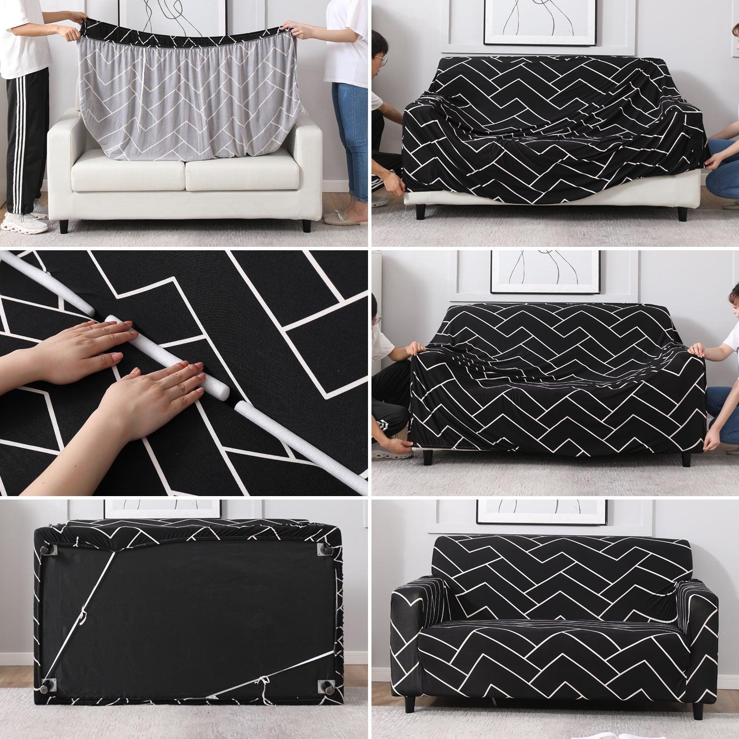 Elastic Stretchable Printed Sofa Cover, Black Chevron - HOKIPO | Har Ghar ka Humsafar