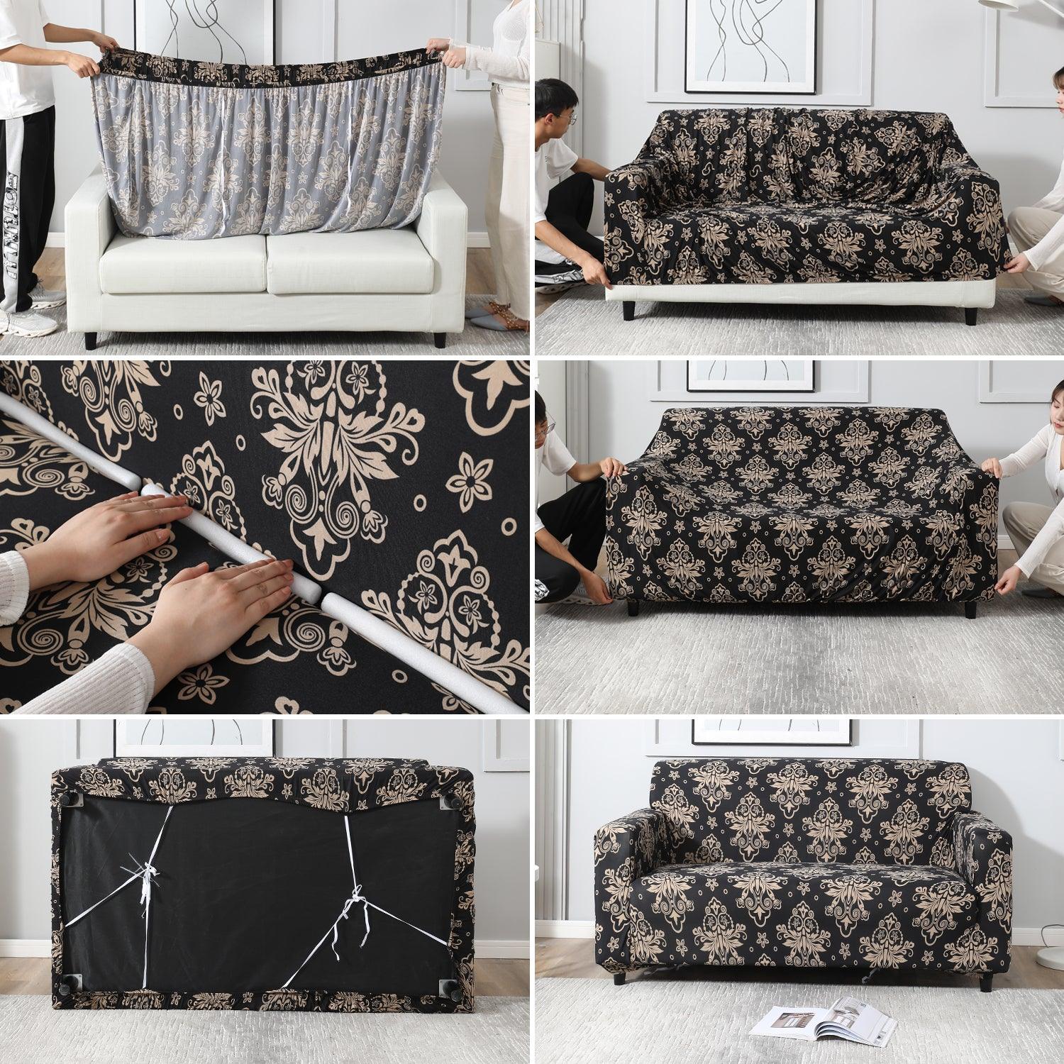 Elastic Stretchable Printed Sofa Cover, Black Damask - HOKIPO | Har Ghar ka Humsafar