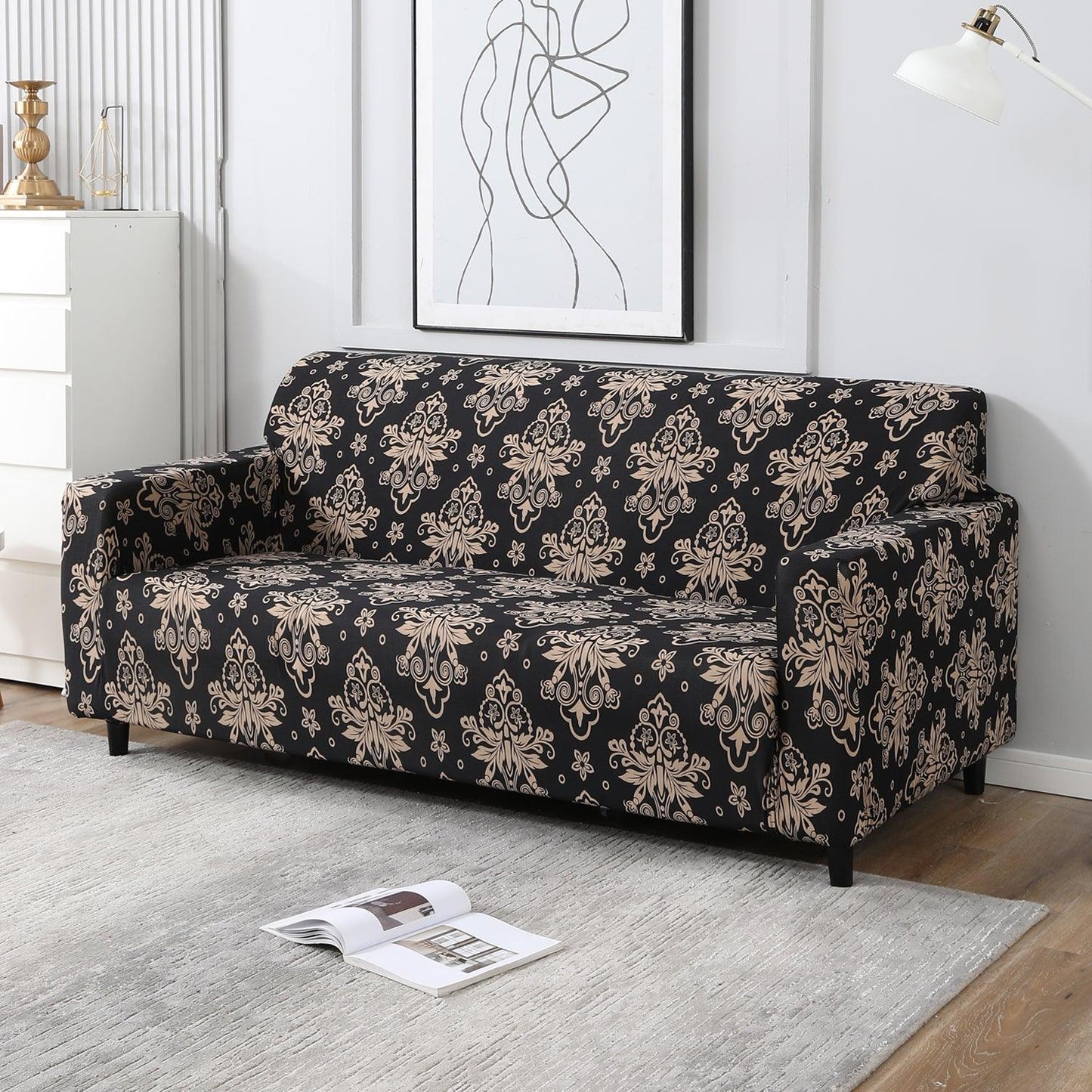 Elastic Stretchable Printed Sofa Cover, Black Damask - HOKIPO | Har Ghar ka Humsafar