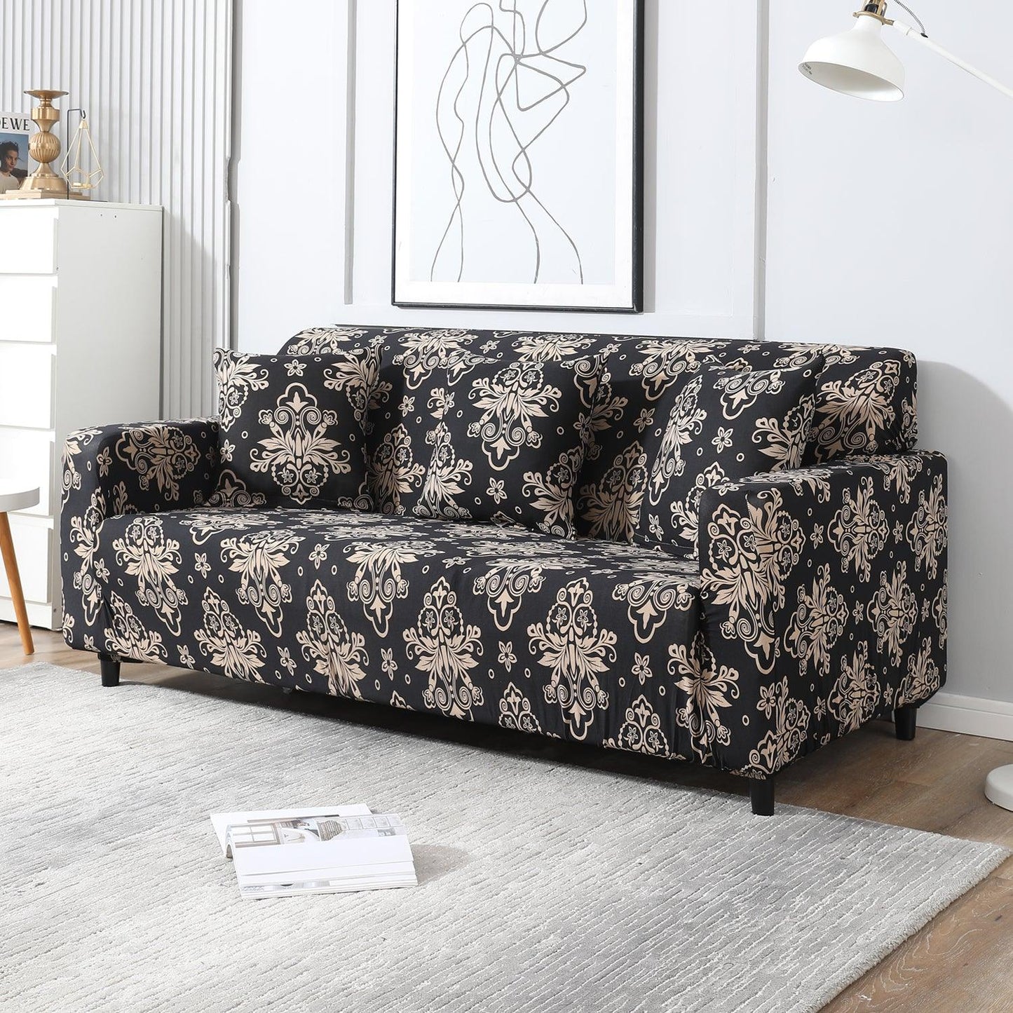 Elastic Stretchable Printed Sofa Cover, Black Damask - HOKIPO | Har Ghar ka Humsafar