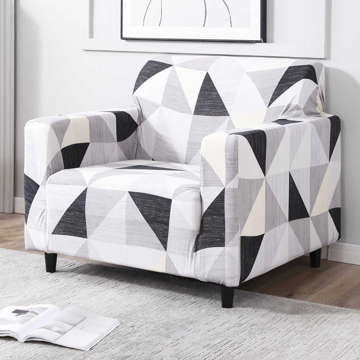 Black Grey Geometric Print stretchable single sofa cover​