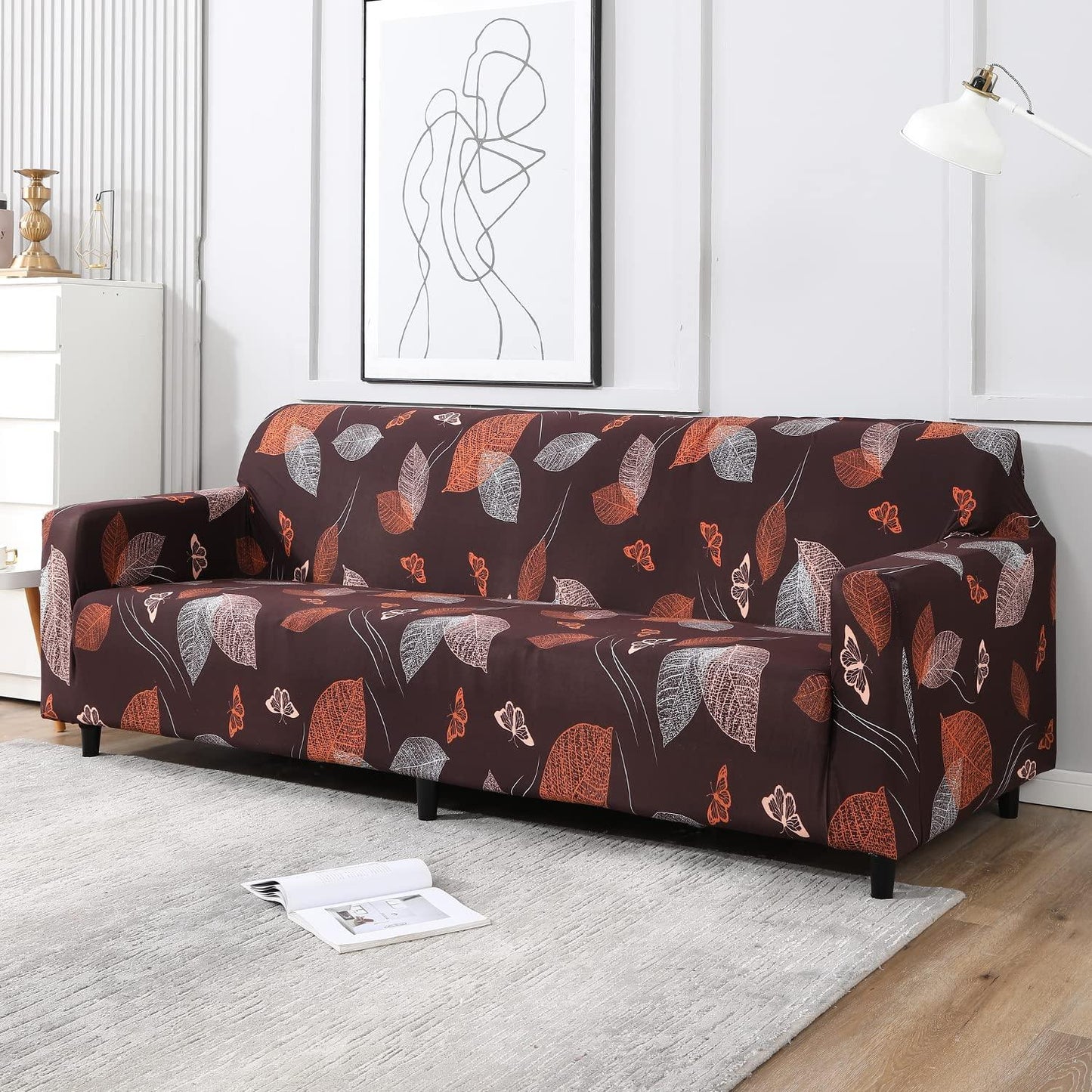 Elastic Stretchable Printed Sofa Cover, Dark Brown Leaf - HOKIPO | Har Ghar ka Humsafar