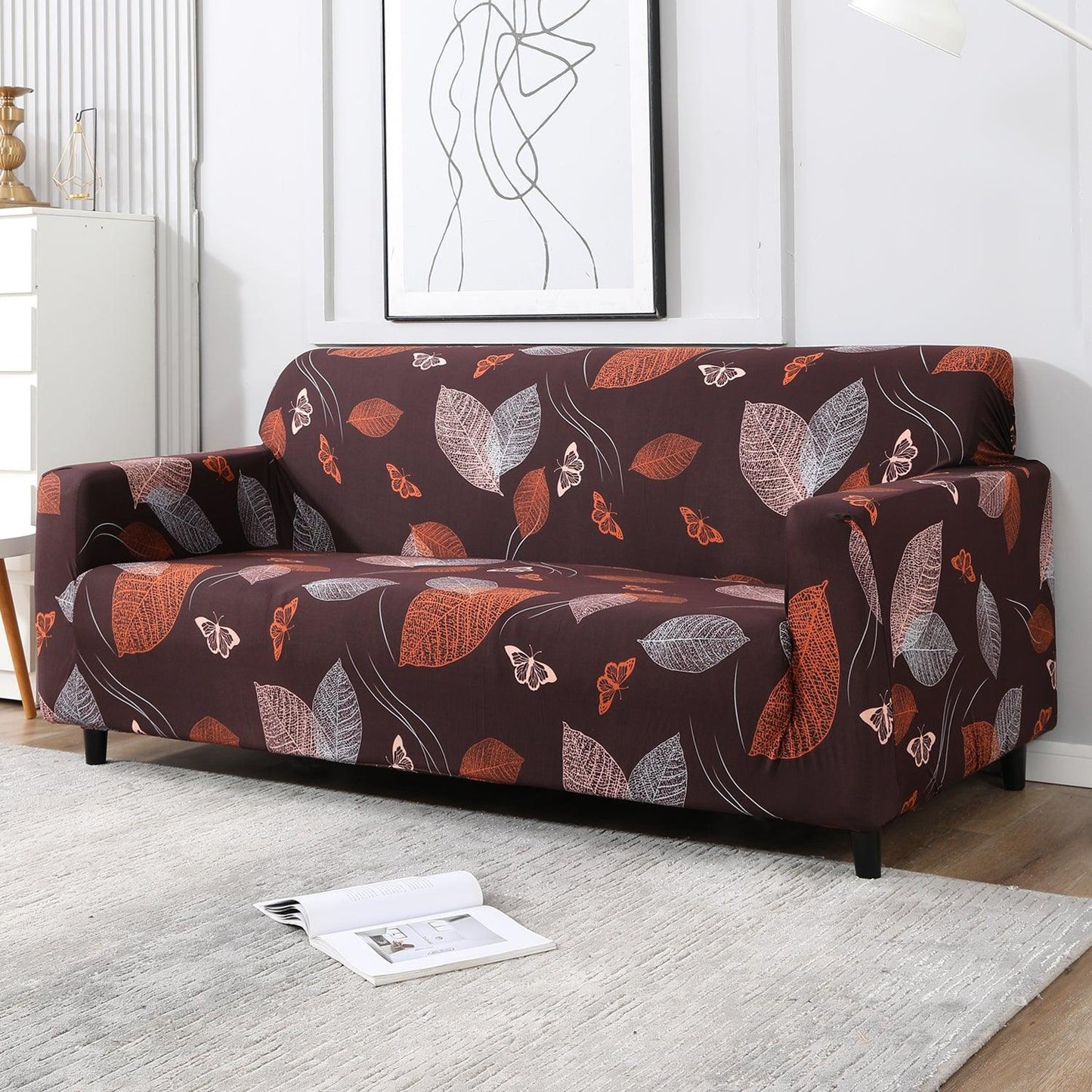 Elastic Stretchable Printed Sofa Cover, Dark Brown Leaf - HOKIPO | Har Ghar ka Humsafar