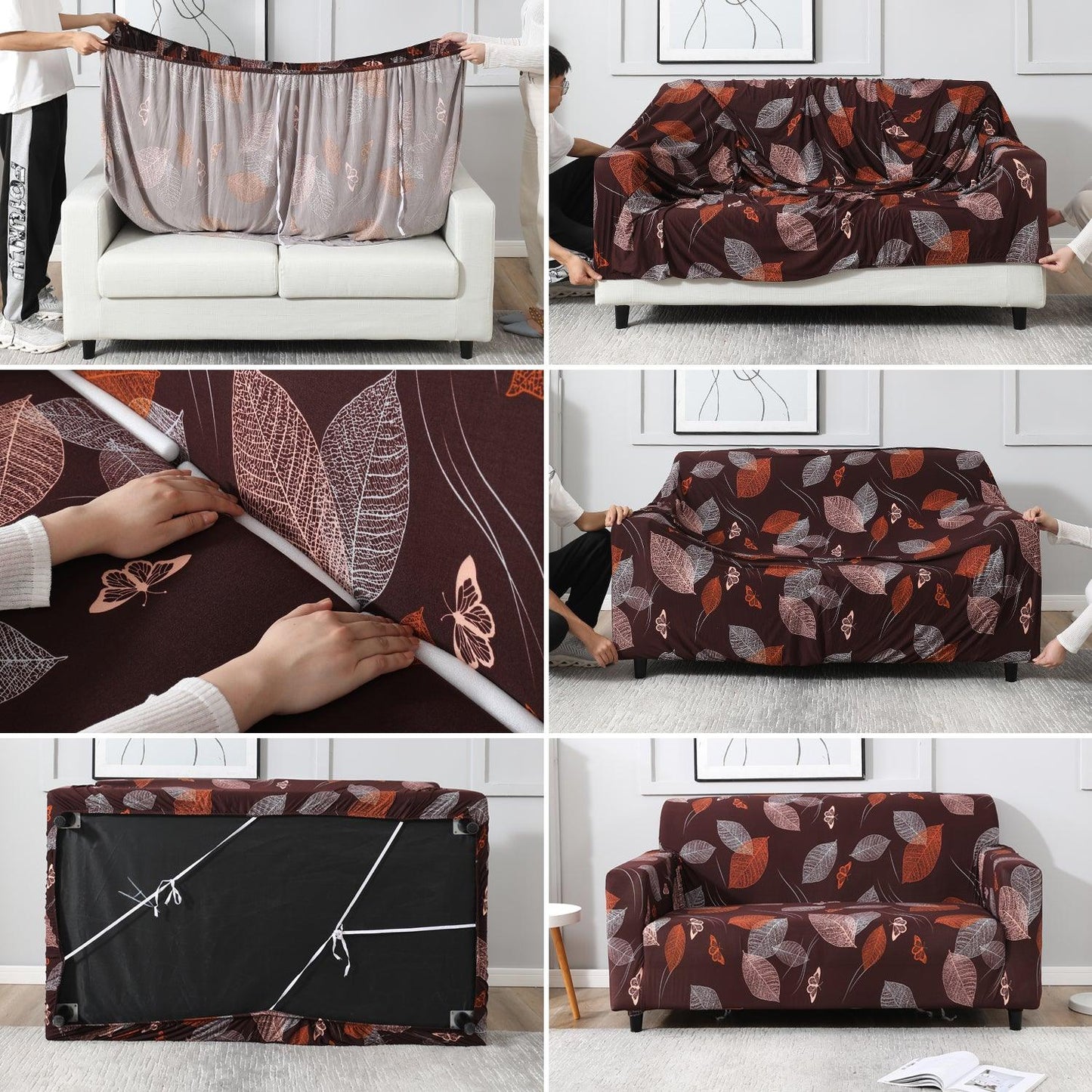 Elastic Stretchable Printed Sofa Cover, Dark Brown Leaf - HOKIPO | Har Ghar ka Humsafar