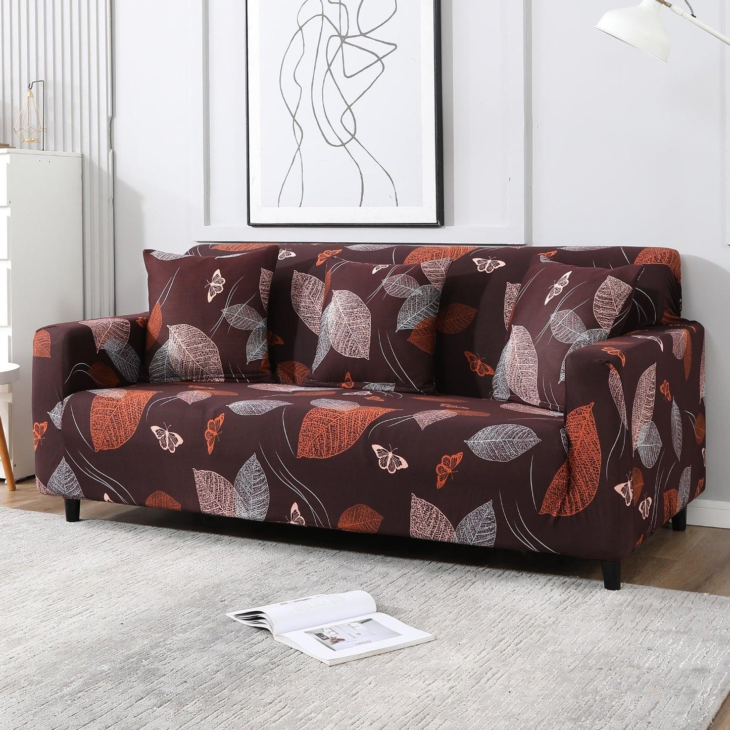 Elastic Stretchable Printed Sofa Cover, Dark Brown Leaf - HOKIPO | Har Ghar ka Humsafar