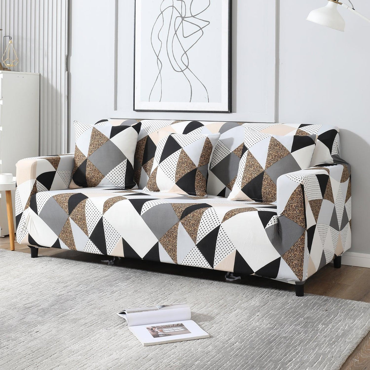 Elastic Stretchable Printed Sofa Cover, Grey Brown Geometric - HOKIPO | Har Ghar ka Humsafar