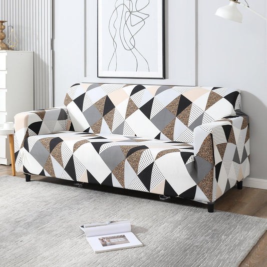 Elastic Stretchable Printed Sofa Cover, Grey Brown Geometric - HOKIPO | Har Ghar ka Humsafar