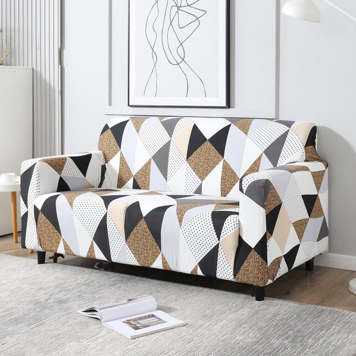 Elastic Stretchable Printed Sofa Cover, Grey Brown Geometric - HOKIPO | Har Ghar ka Humsafar