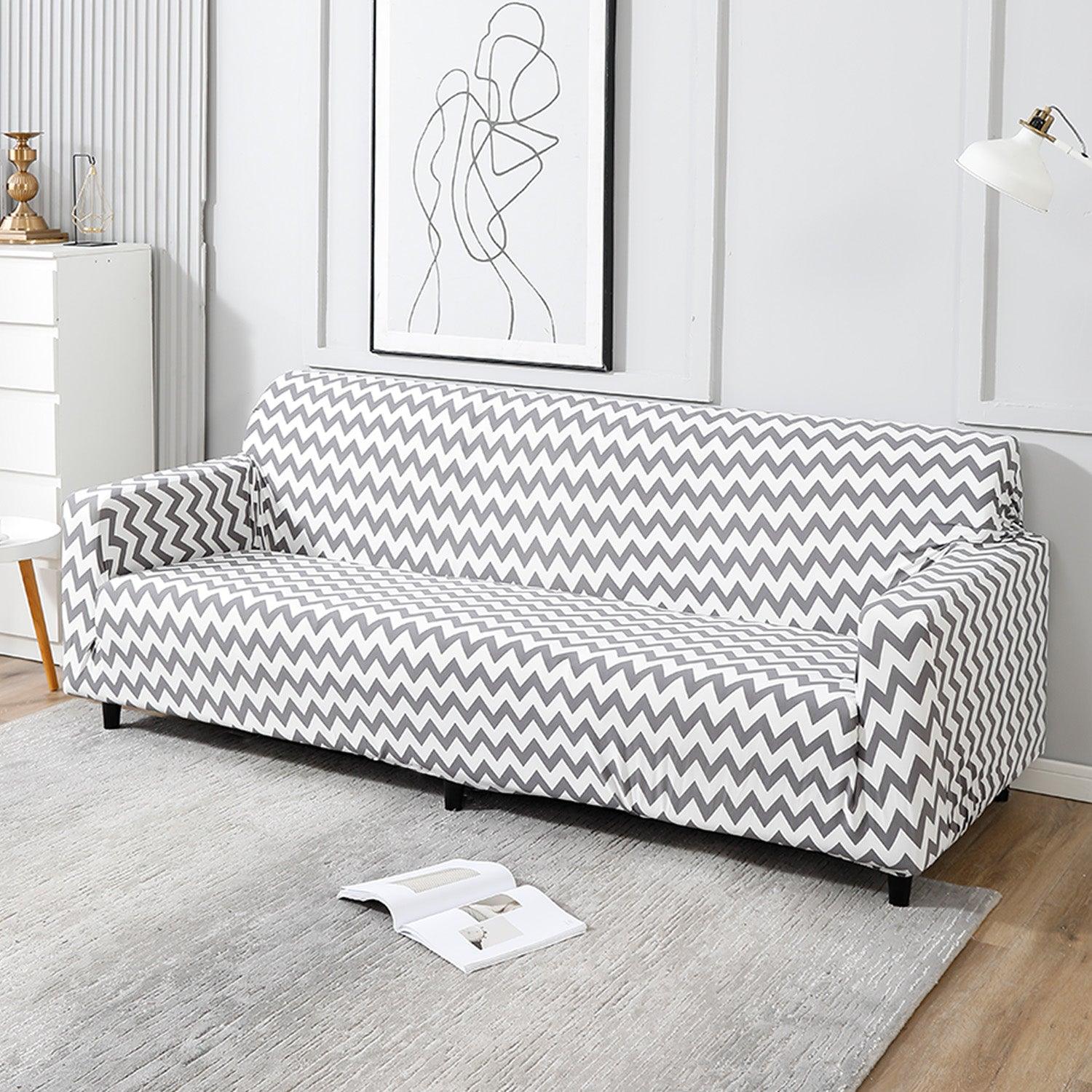 Elastic Stretchable Printed Sofa Cover, Grey Chevron - HOKIPO | Har Ghar ka Humsafar