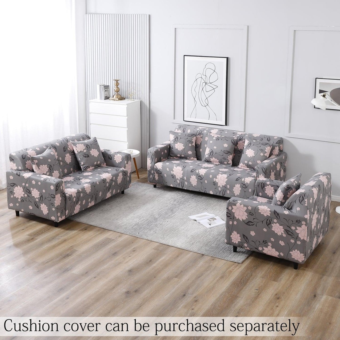 Elastic Stretchable Printed Sofa Cover, Grey Dahila - HOKIPO | Har Ghar ka Humsafar