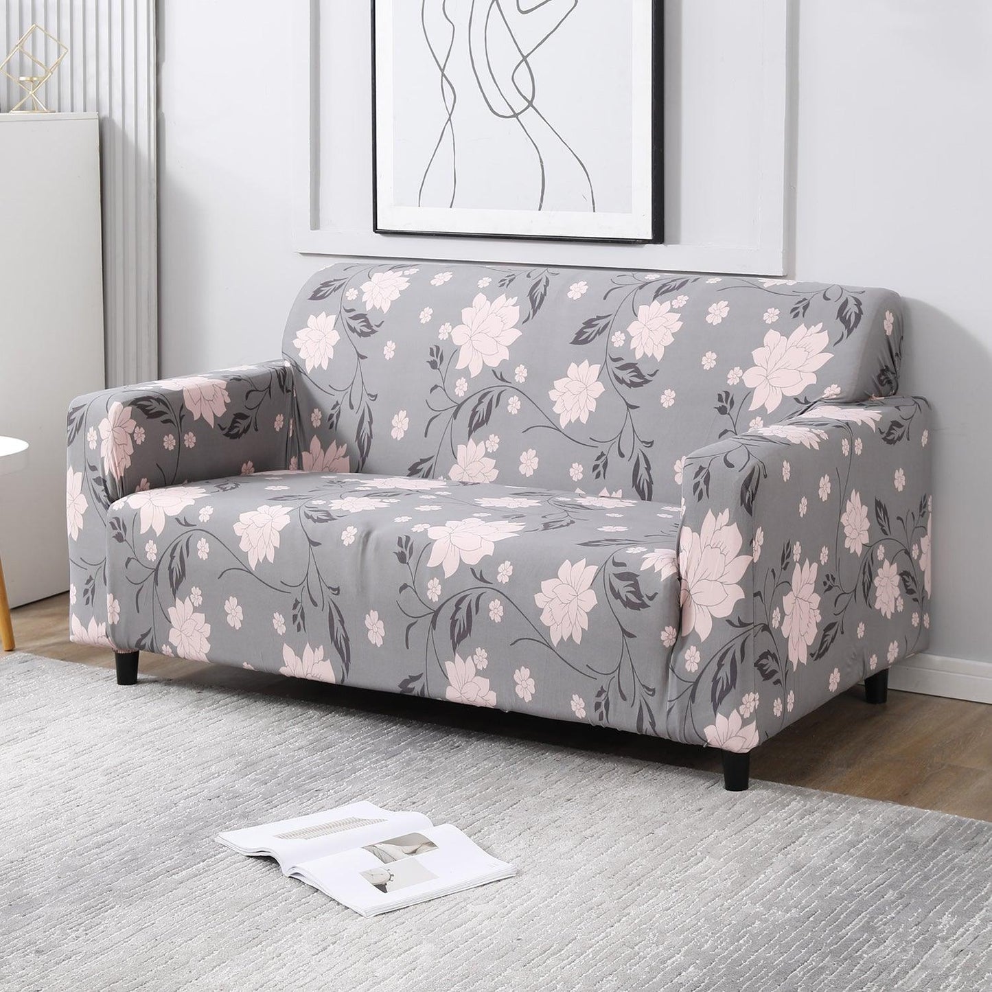 Elastic Stretchable Printed Sofa Cover, Grey Dahila - HOKIPO | Har Ghar ka Humsafar