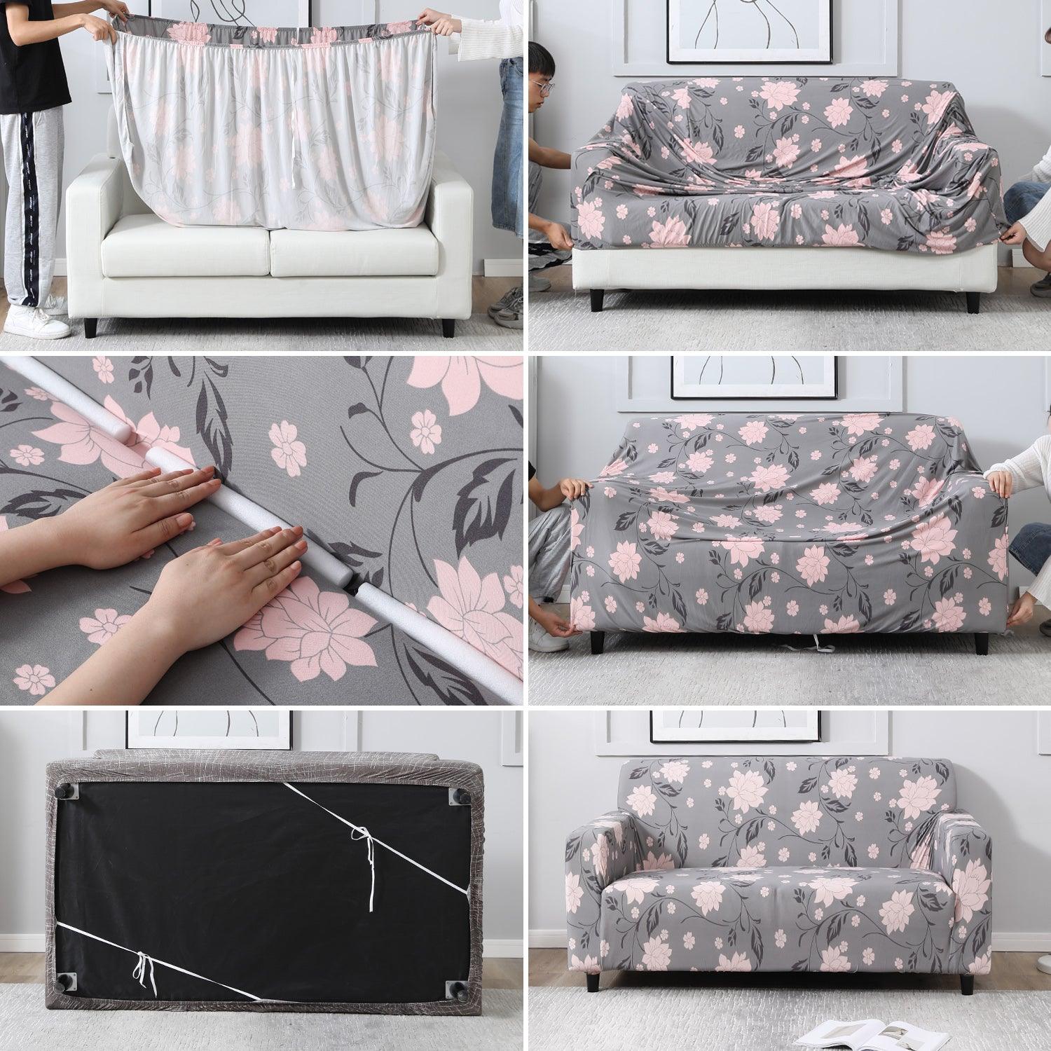 Elastic Stretchable Printed Sofa Cover, Grey Dahila - HOKIPO | Har Ghar ka Humsafar