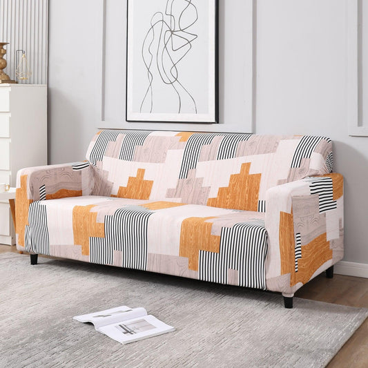 Elastic Stretchable Printed Sofa Cover, Ivory Linear Lines - HOKIPO | Har Ghar ka Humsafar