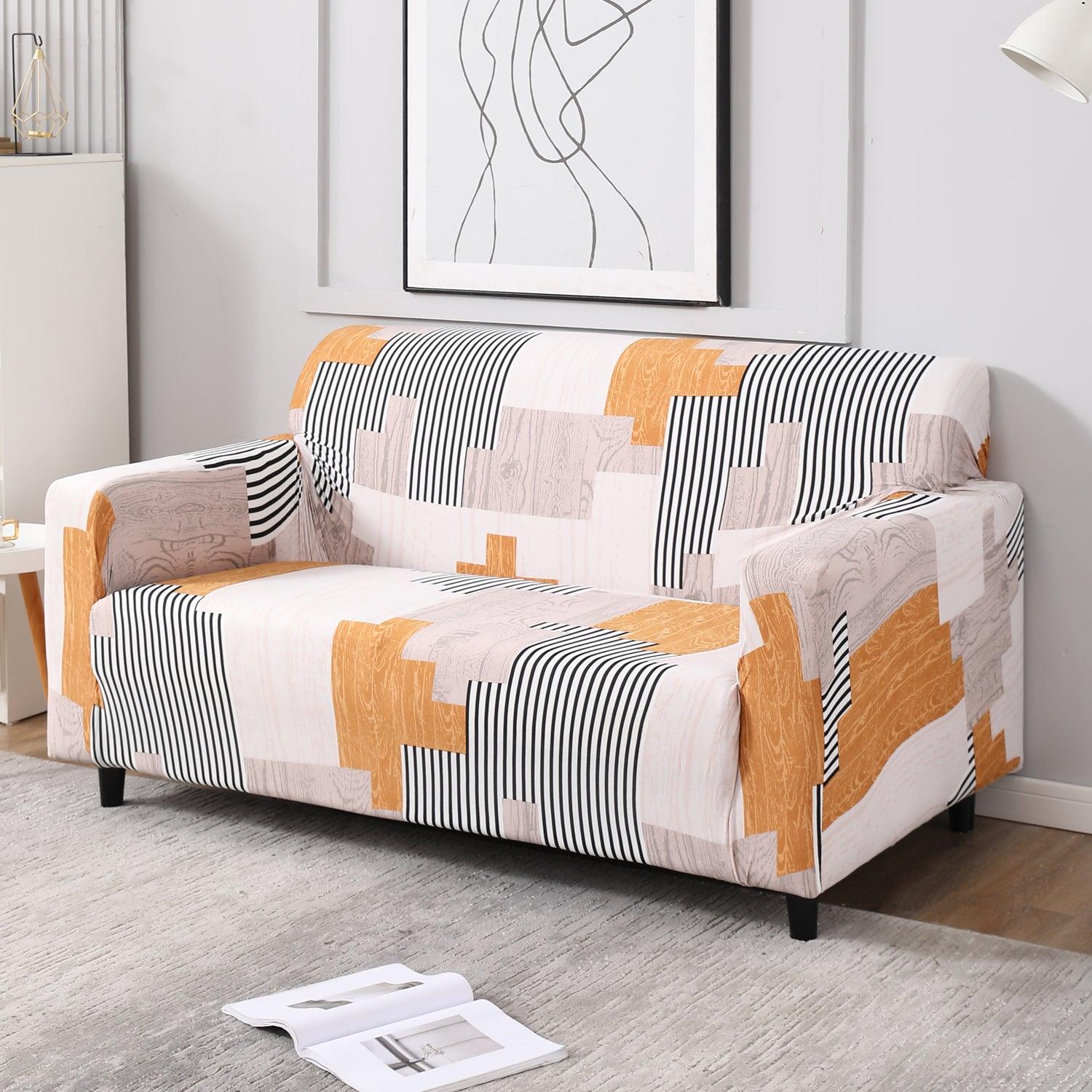 Elastic Stretchable Printed Sofa Cover, Ivory Linear Lines - HOKIPO | Har Ghar ka Humsafar