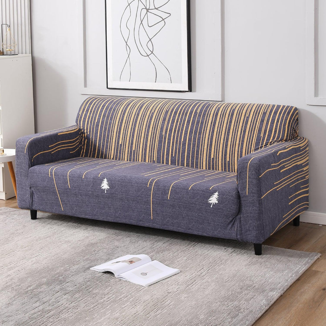 Midnight Blue Lines Printed elastic 3 seater sofa cover​s