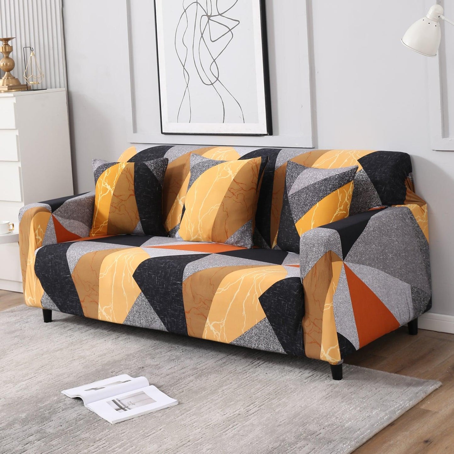 Elastic Stretchable Printed Sofa Cover, Multicolor Geometric Abstract - HOKIPO | Har Ghar ka Humsafar