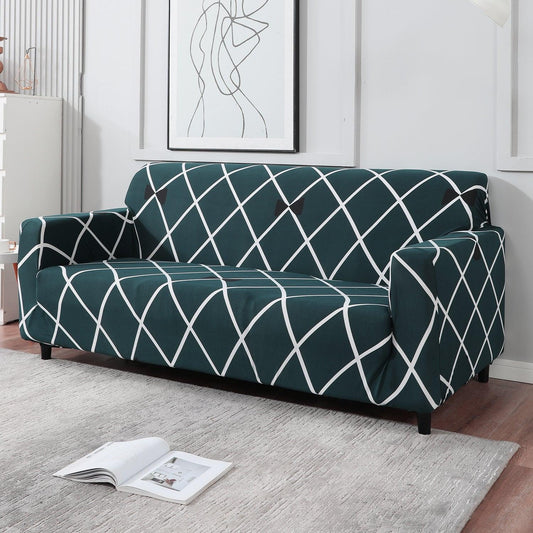 Elastic Stretchable Printed Sofa Cover, Teal Diamond - HOKIPO | Har Ghar ka Humsafar