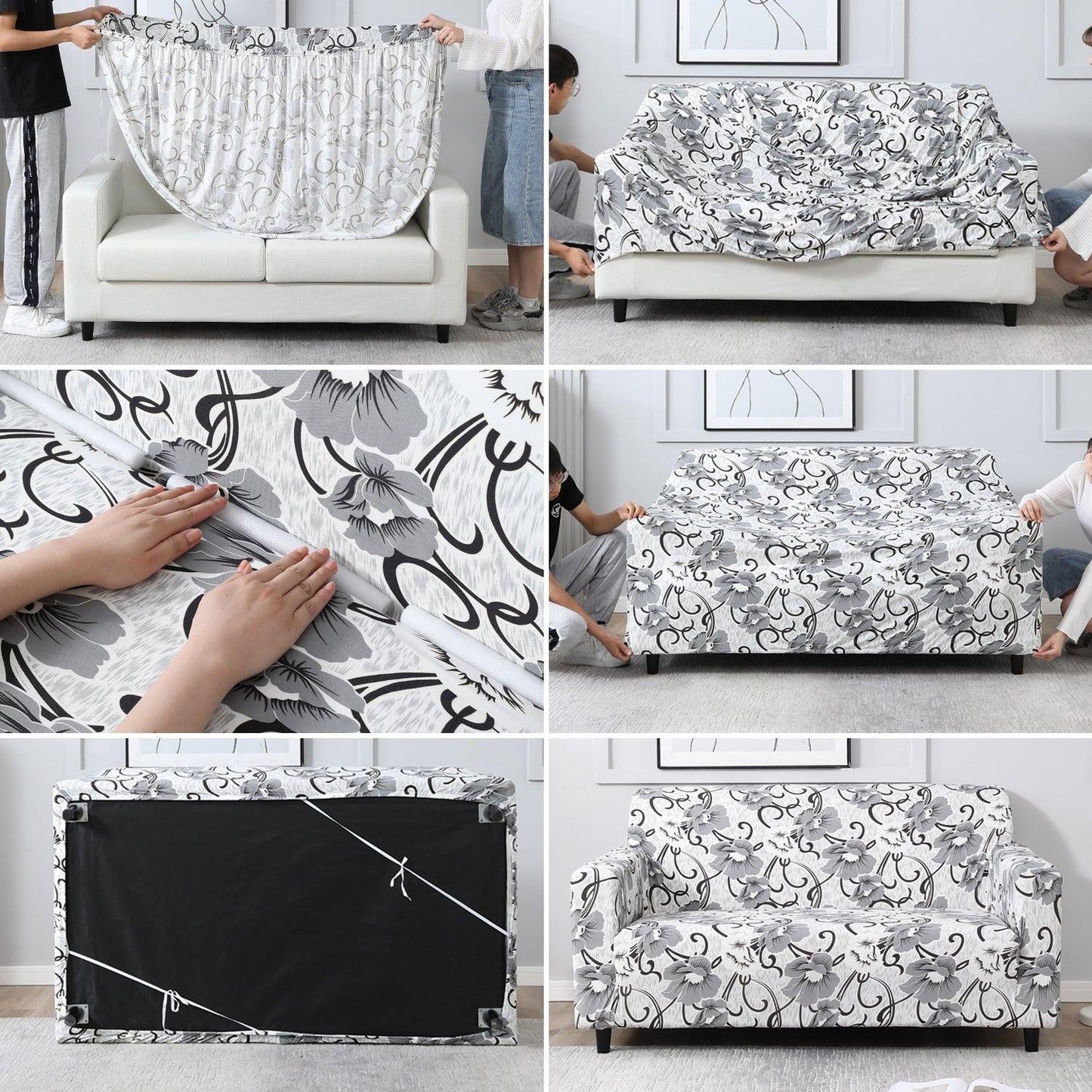 Elastic Stretchable Printed Sofa Cover, White Grey Flowers - HOKIPO | Har Ghar ka Humsafar