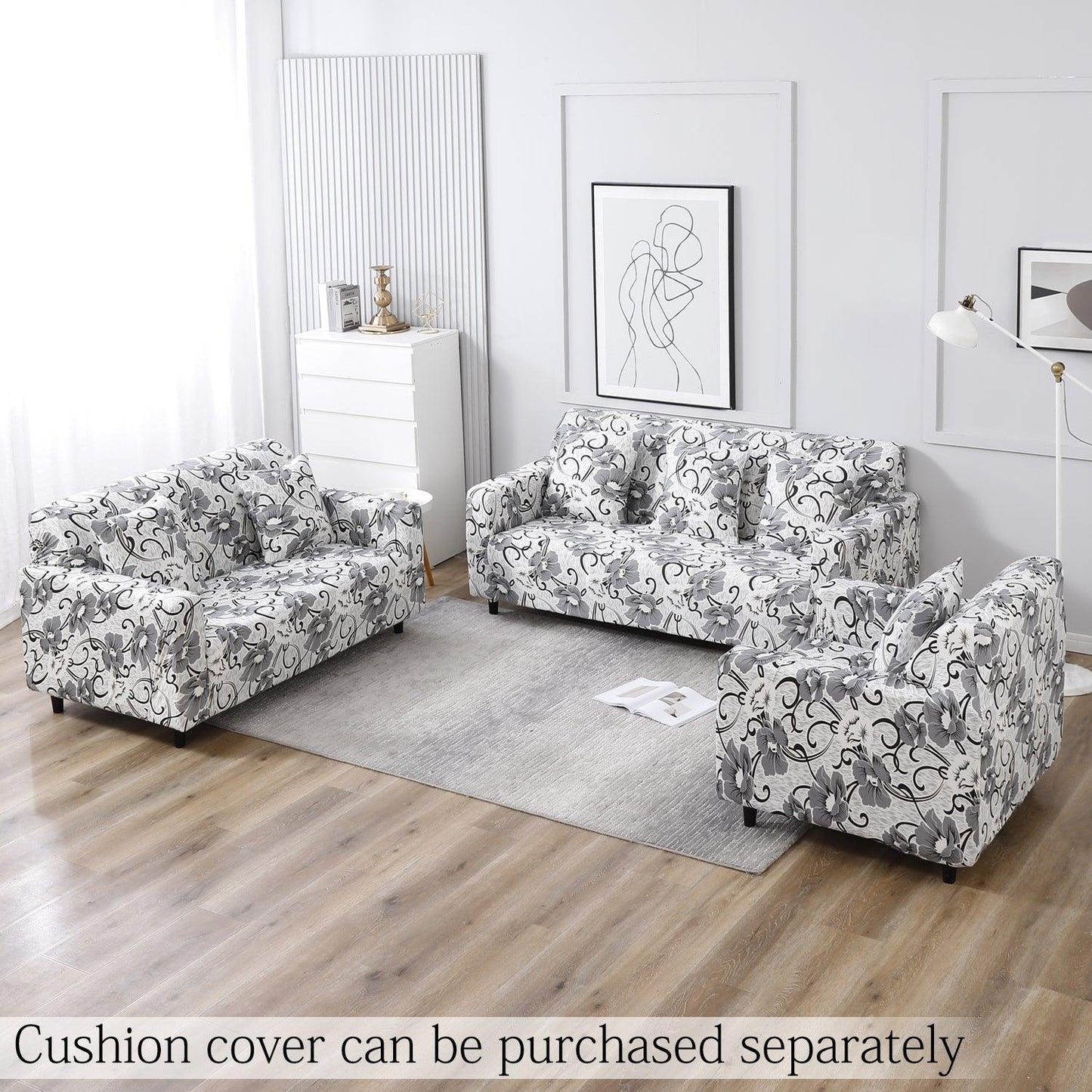 Elastic Stretchable Printed Sofa Cover, White Grey Flowers - HOKIPO | Har Ghar ka Humsafar