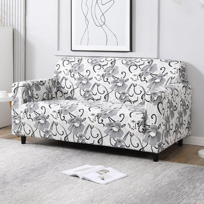 Elastic Stretchable Printed Sofa Cover, White Grey Flowers - HOKIPO | Har Ghar ka Humsafar