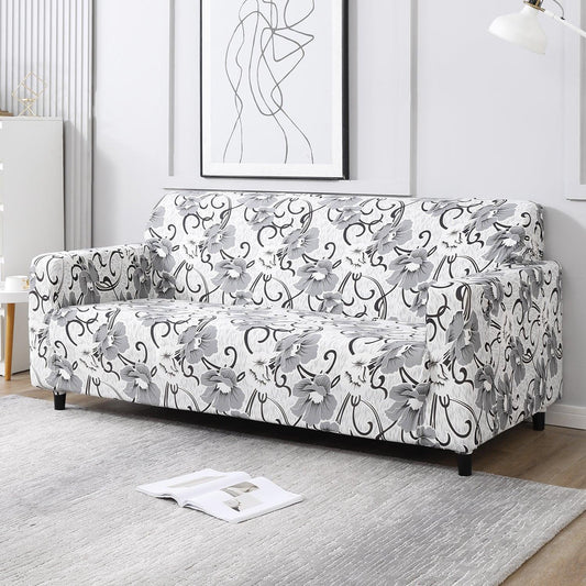 Elastic Stretchable Printed Sofa Cover, White Grey Flowers - HOKIPO | Har Ghar ka Humsafar