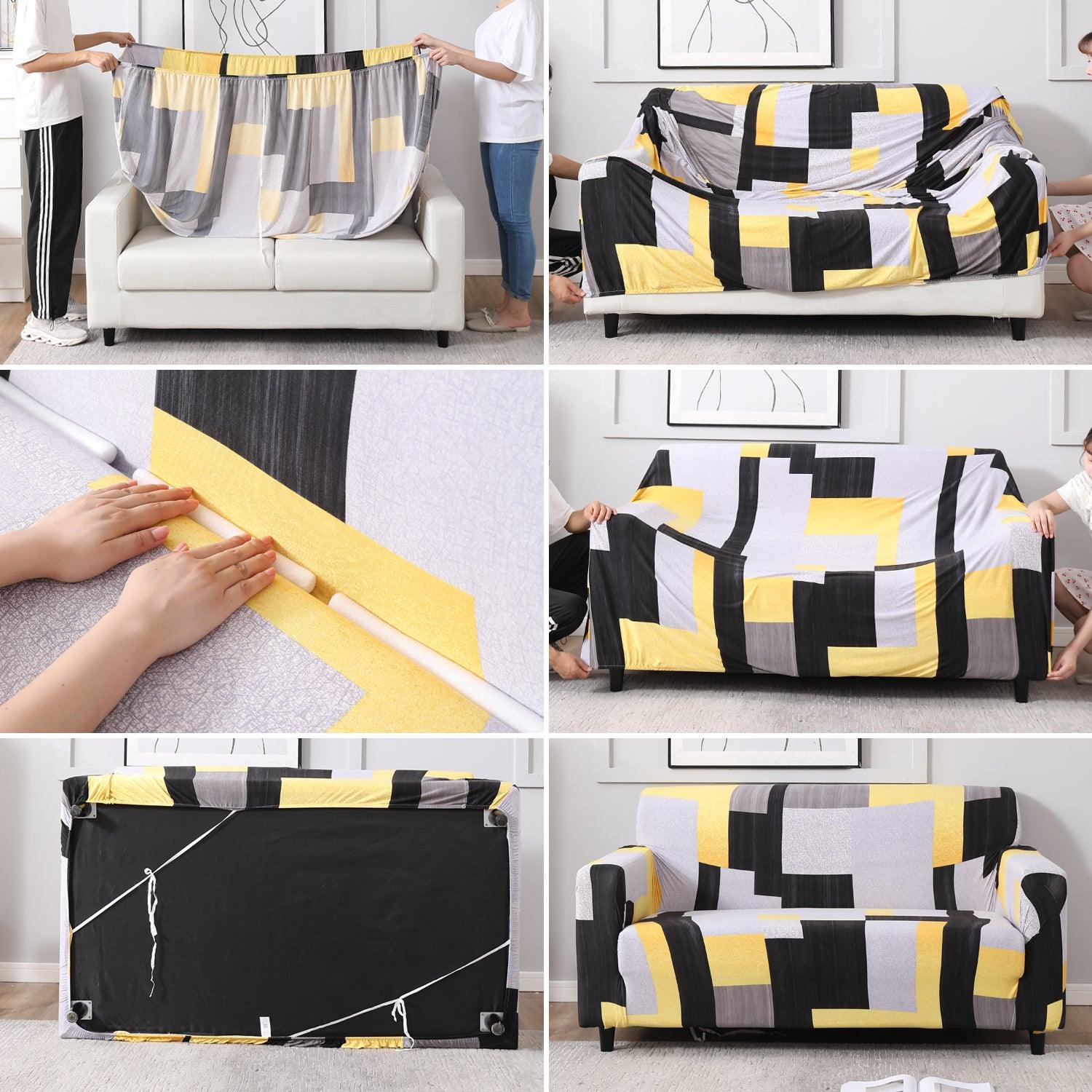 Elastic Stretchable Printed Sofa Cover, Yellow Geometric Abstract - HOKIPO | Har Ghar ka Humsafar