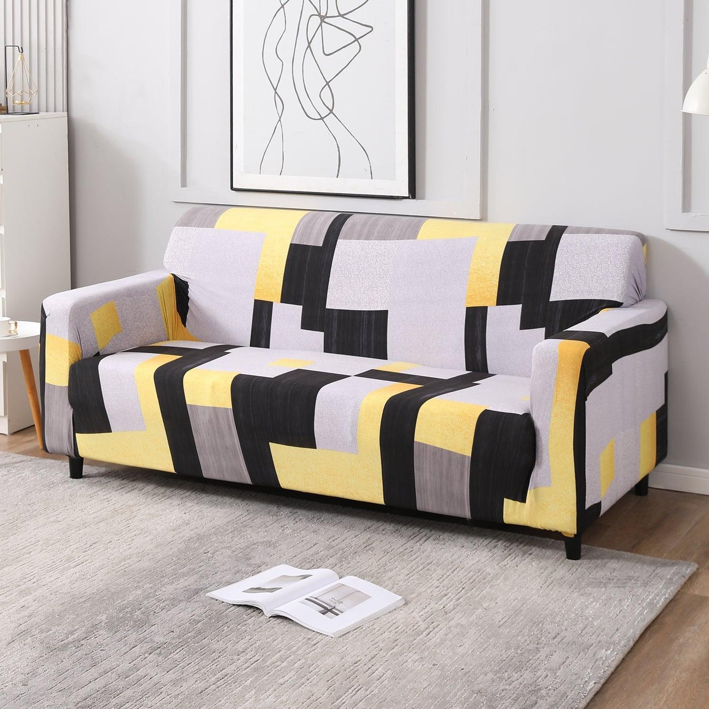 Elastic Stretchable Printed Sofa Cover, Yellow Geometric Abstract - HOKIPO | Har Ghar ka Humsafar