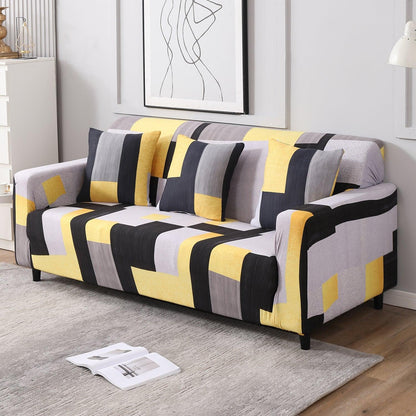 Elastic Stretchable Printed Sofa Cover, Yellow Geometric Abstract - HOKIPO | Har Ghar ka Humsafar