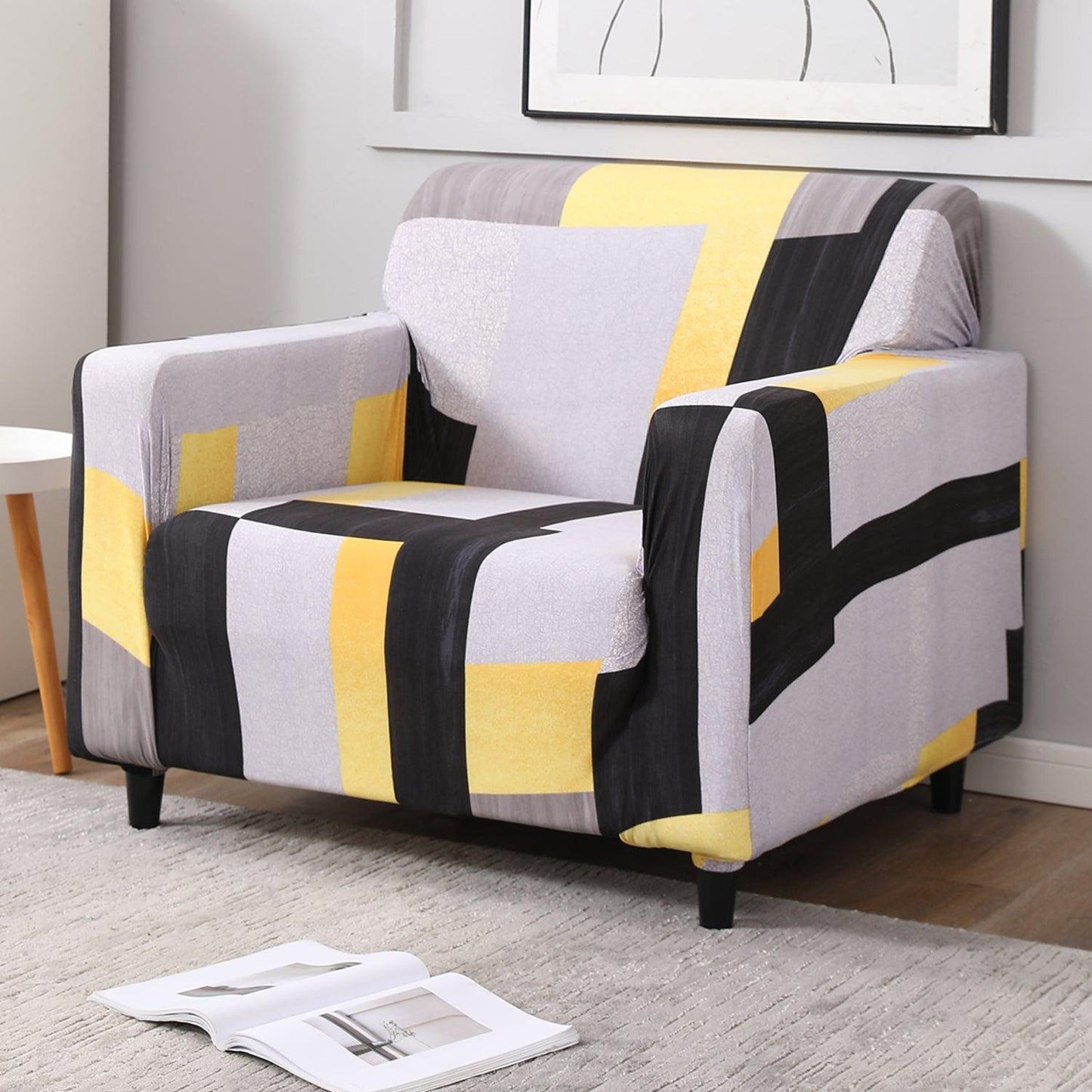 Elastic Stretchable Printed Sofa Cover, Yellow Geometric Abstract - HOKIPO | Har Ghar ka Humsafar