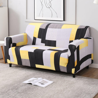 Elastic Stretchable Printed Sofa Cover, Yellow Geometric Abstract - HOKIPO | Har Ghar ka Humsafar