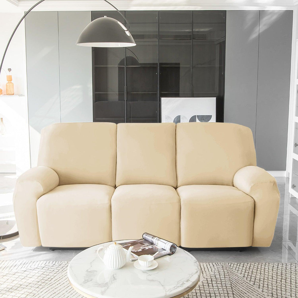 Beige Colour elastic full fitted polyester 3 seater recliner sofa cover
