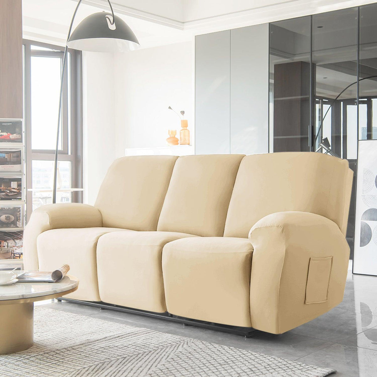 Stylish three seater Beige Colour elastic stretchable polyester recliner cover
