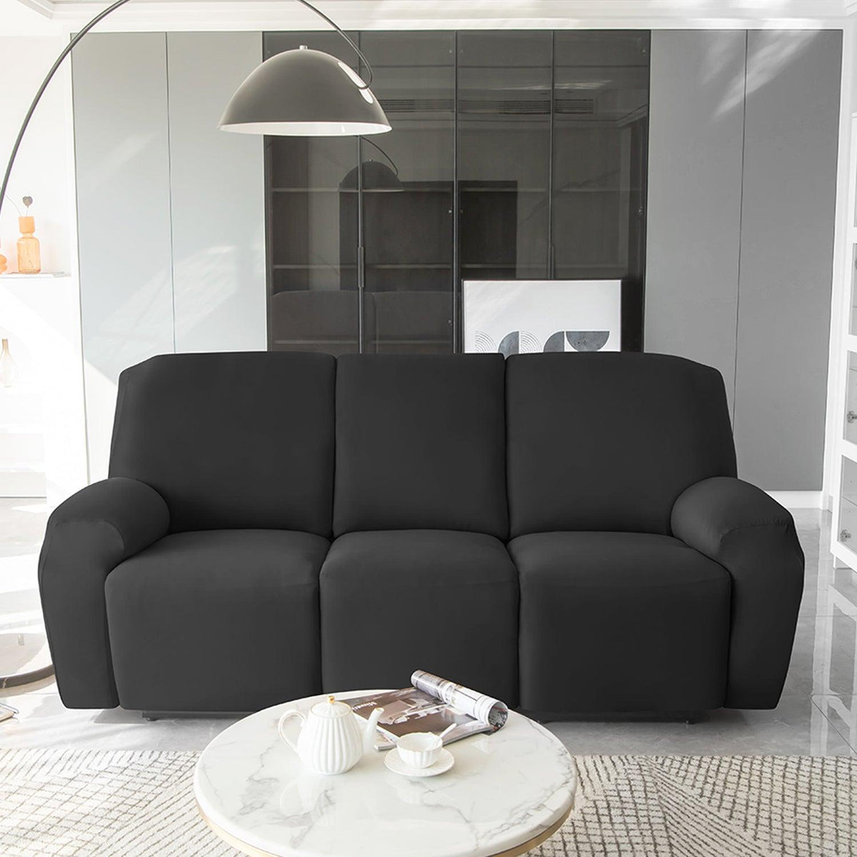 Buy Black Colour elastic full fitted polyester 3 seater recliner sofa cover

