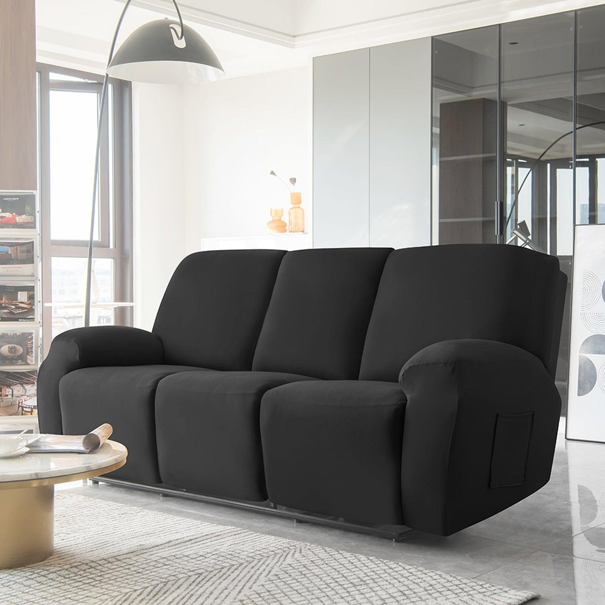 Stylish three seater Black Colour elastic stretchable polyester recliner cover
